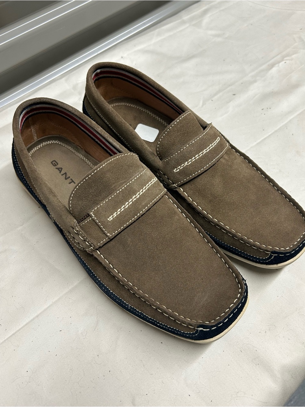 Gant Taupe Suede Penny Loafers with Navy Trim